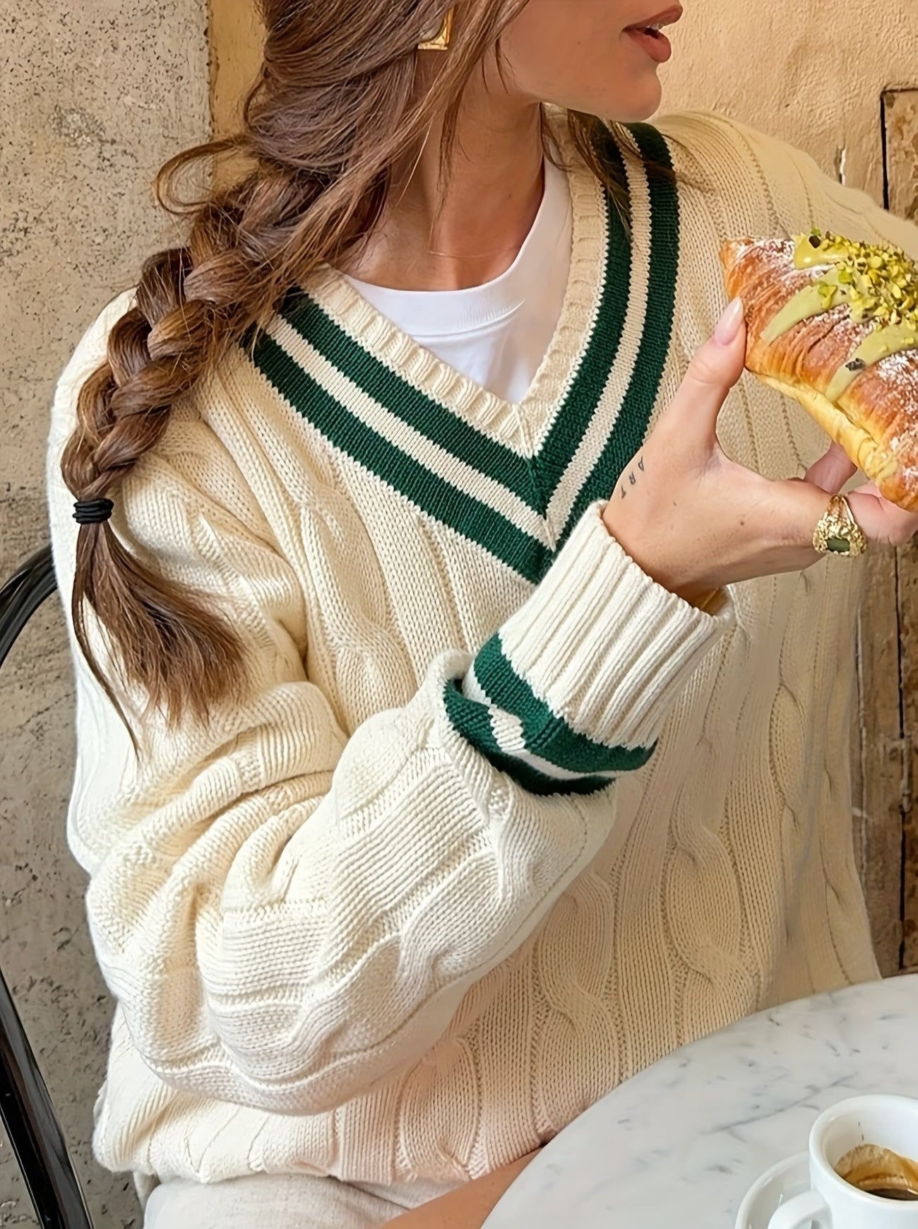 Women's Cable-Knit V-Neck Sweater