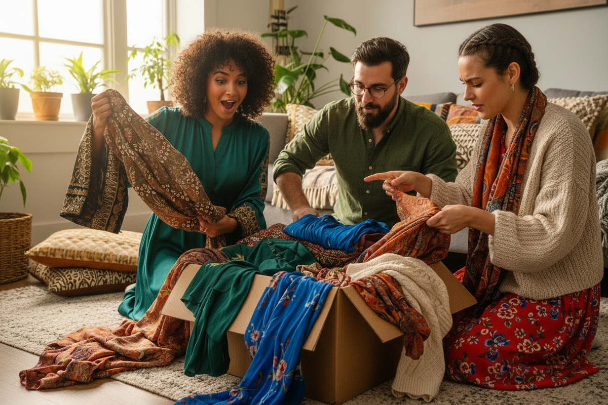 2 women and one 1 discovering cloths from a box