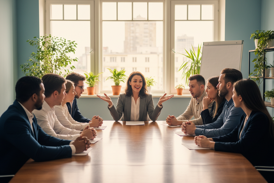 giving a speech during team meeting on proccess without screens just a speech
