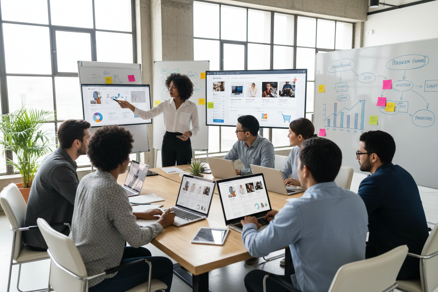 team studying existing online retail models